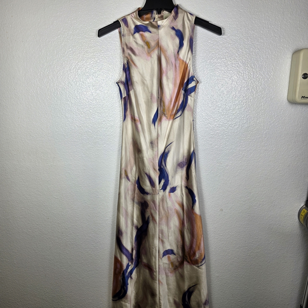 Luxely High‎ Neck Satin Midi Dress Cream/Blue Women's Size 4
